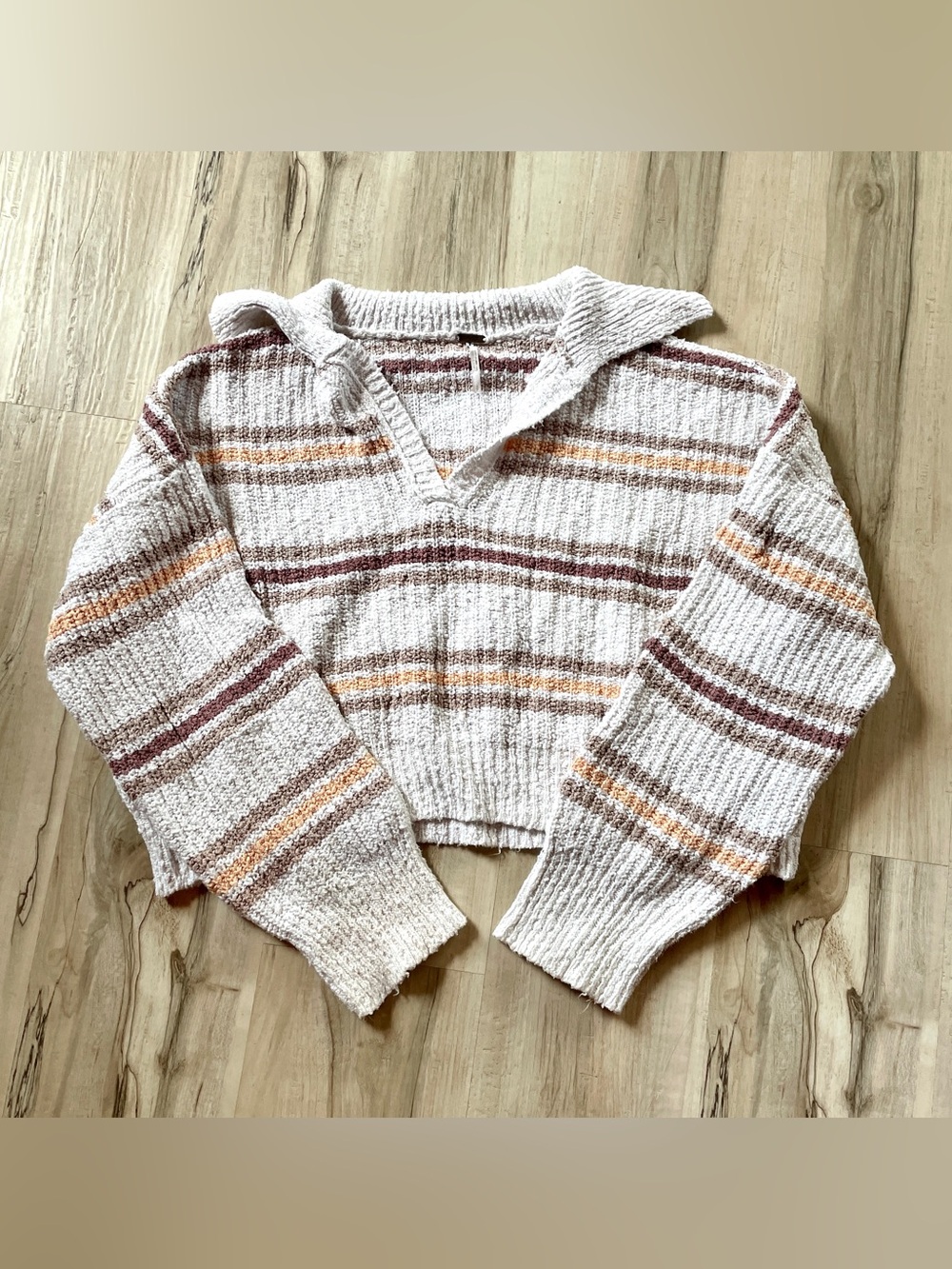Cropped Striped V-Neck Sweater with Collar - Cream & Brown Free People